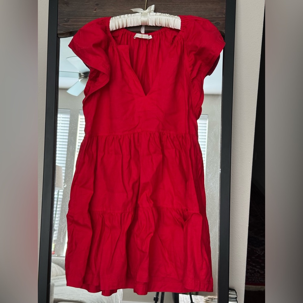 Red Linen Dress with Fluttered Sleeves, Small